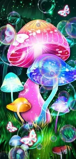 Glowing mushrooms and butterflies in a vibrant fantasy scene.