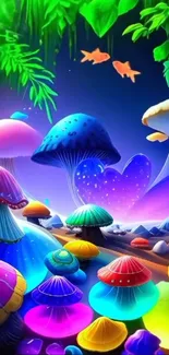 Vibrant glowing mushrooms in a fantasy landscape with magical colors.