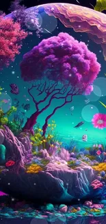 Colorful fantasy nature wallpaper with purple tree and cosmic details.