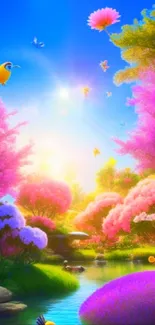 Vibrant fantasy nature wallpaper with colorful birds and blooming pink trees.