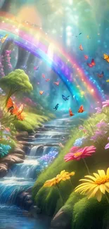 Fantasy nature wallpaper with vibrant flowers, butterflies, and a rainbow.