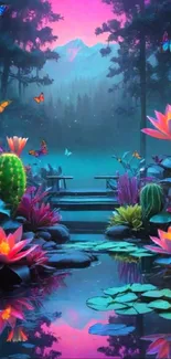 Vibrant fantasy scene with flowers and butterflies over a tranquil pond.