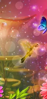 Vibrant fantasy wallpaper with butterfly and hummingbird in surreal colors.