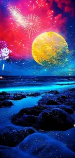 Vibrant fantasy wallpaper with moon, ocean, and fireworks.