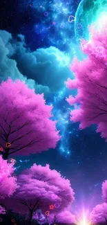 Fantasy wallpaper of pink trees at night with glowing moon and stars.