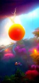 Vibrant orb with electric bursts in lush nature scene.