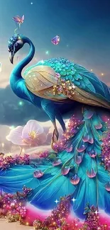 Vibrant fantasy peacock with flowers and butterflies on a dreamy background.