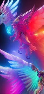 Vibrant fantasy art of Pegasus with neon colors.