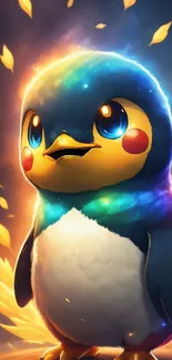 Colorful fantasy penguin art with glowing effects.