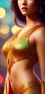 Fantasy art with golden-clad woman and vibrant bokeh lights.