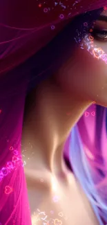 Fantasy art wallpaper with vibrant pink and purple hues, showcasing a mysterious figure.