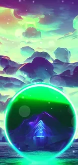 Vibrant fantasy wallpaper with neon colors and glowing orb against cloudy sky.