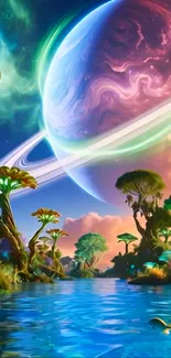 Vibrant fantasy planet with lush greenery and serene water.