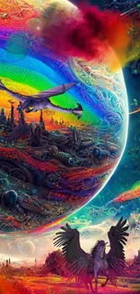 Colorful fantasy landscape with a vibrant planet.