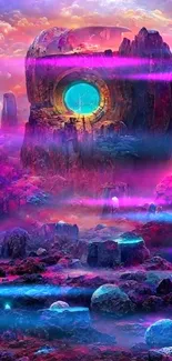 Vibrant fantasy landscape with mystical portal in glowing mountains.