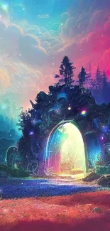 Vibrant fantasy wallpaper with a glowing portal and colorful forest.