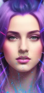 Vibrant purple fantasy portrait with neon accents for mobile wallpaper.