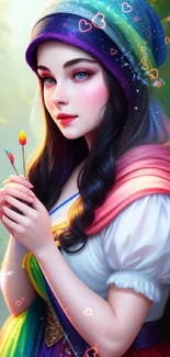 Vibrant fantasy portrait of a woman with colorful attire in a nature scene.