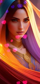 Vibrant fantasy woman with multicolored hair in an artistic portrait.