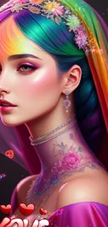 Colorful fantasy portrait of a woman with rainbow hair and pink accents.