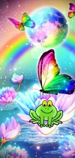 Colorful fantasy wallpaper with rainbow, butterflies, moon, and lotus.