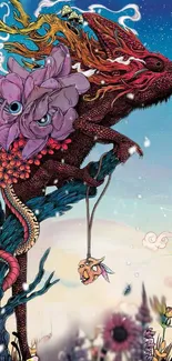 Colorful fantasy reptile art with floral accents.