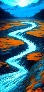 Fantasy wallpaper with vibrant blue river and orange terrain.