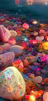 Vibrant rock beach with colorful glowing pebbles at night.