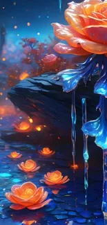 Vibrant fantasy art wallpaper with colorful roses and blue hues.
