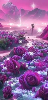 Vibrant fantasy landscape with purple and pink roses in a mystical setting.