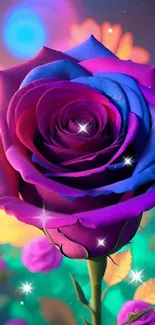 Fantasy purple rose with vibrant colors in artistic background.