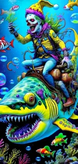 Fantasy artwork of clown riding a shark in colorful ocean scene.