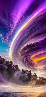 Vibrant fantasy sky wallpaper with swirling clouds and a mystical rainbow.