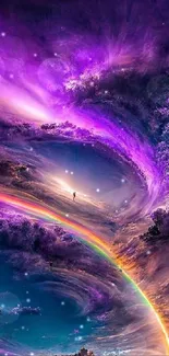 Vibrant fantasy sky with striking rainbow arc and artistic clouds.