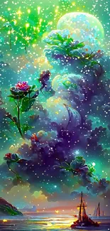 Fantasy sky with flowers and sea in vibrant colors.