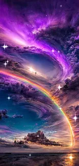 Vibrant fantasy sky with swirling clouds and a rainbow arc.