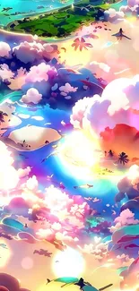 Vibrant fantasy sky with colorful clouds and islands.