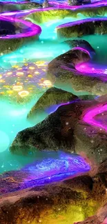 Vibrant neon fantasy stream with colorful glowing water and rocks.