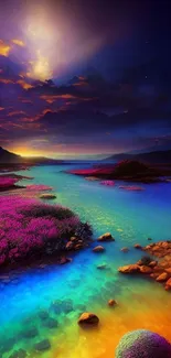 Vibrant fantasy sunset river with colorful hues