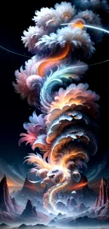 Colorful fantasy swirl with mountains and sky in vibrant abstract art.