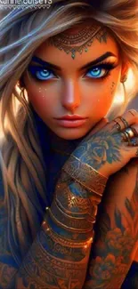 Fantasy character with vibrant tattoos in vibrant colors.