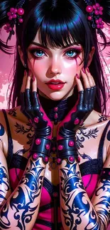 Anime-style tattooed character with vibrant colors.