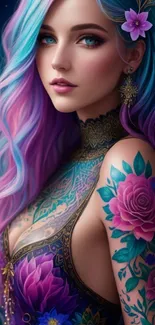 Fantasy-inspired mobile wallpaper featuring a colorful, tattooed woman.