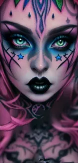 Fantasy character with neon tattoos and green eyes on a vibrant wallpaper.