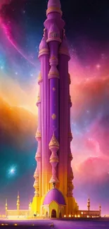 Majestic purple tower against a cosmic sky with vibrant colors.