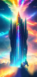 Fantasy tower with vibrant neon colors against a colorful sky.