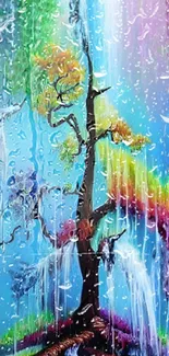 Vibrant fantasy tree with colorful rain and mystical landscape.