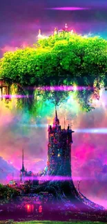 Vibrant fantasy tree castle in colorful sky.