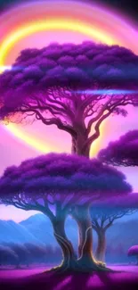 Fantasy landscape with purple trees and glowing sky.