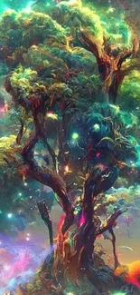 Colorful fantasy tree in a cosmic dreamscape wallpaper.